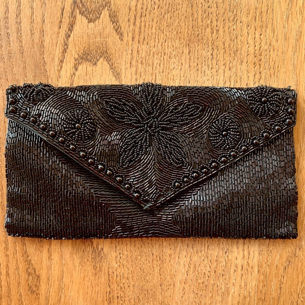 Black Beaded Envelope-Style Soft Clutch 🖤